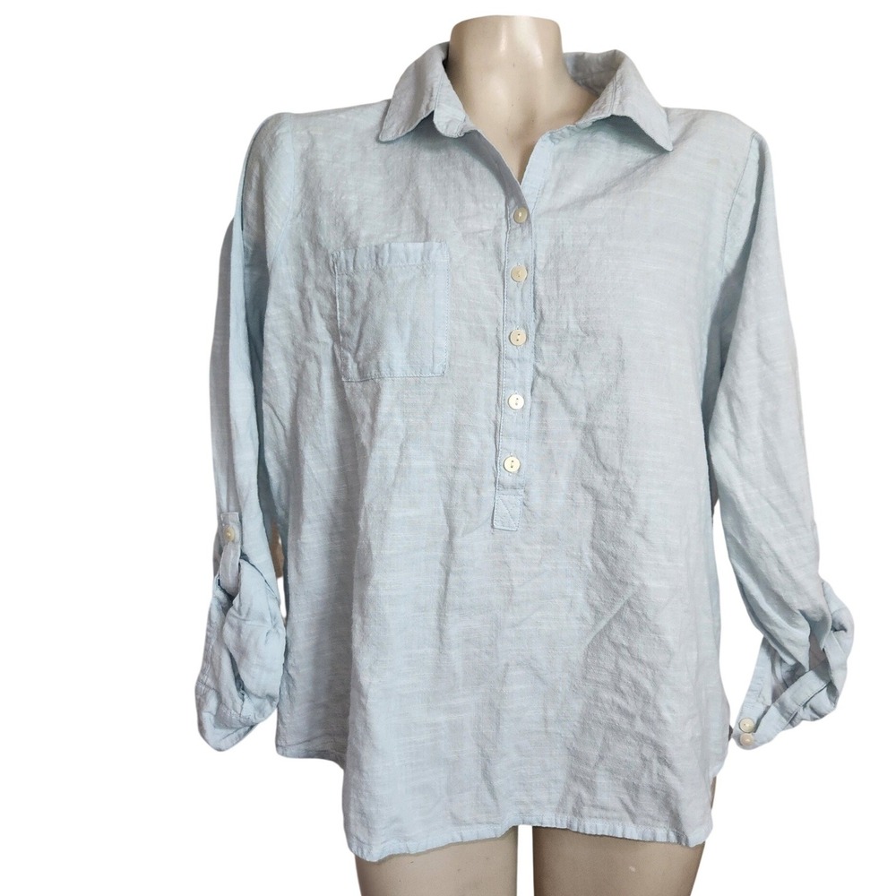 Aventura Womens Blue Organic Cotton Roll Tab Sleeve Henley Tunic Top L breathabl